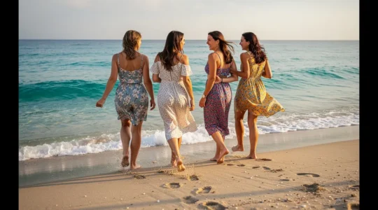 Groupe de copines marchant sur une plage méditerranéenne lors d'un week-end entre filles à Palma