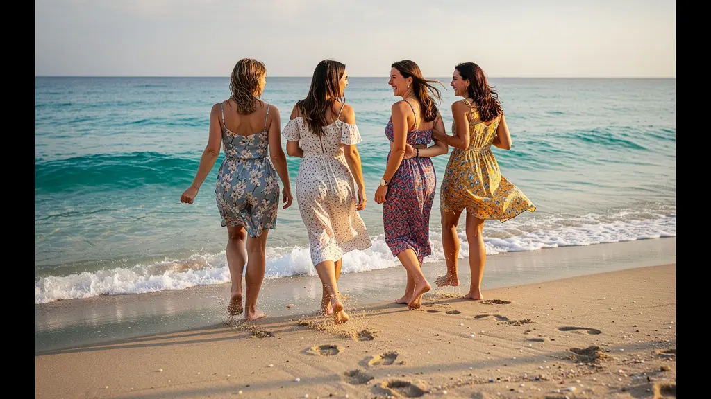 Groupe de copines marchant sur une plage méditerranéenne lors d'un week-end entre filles à Palma