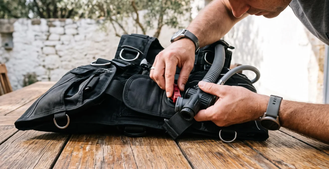 Gros plan sur des mains contrôlant le gonfleur d'un gilet stabilisateur de voyage posé sur une table en bois en terrasse.
