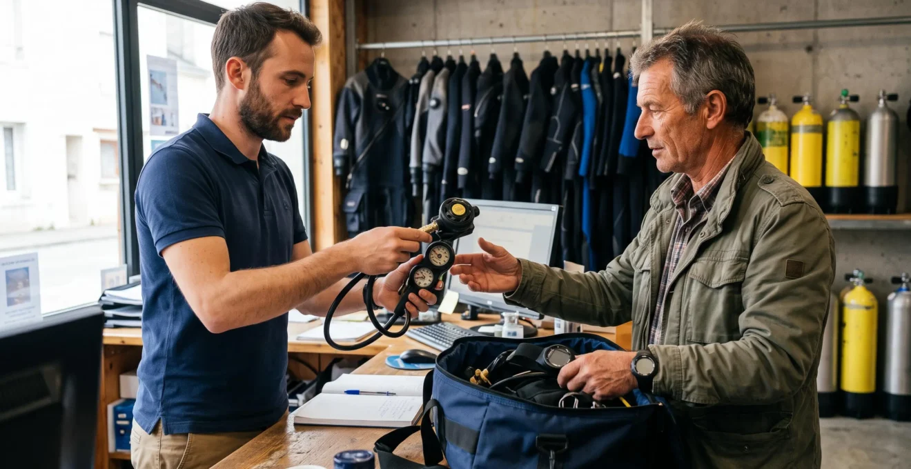 Un employé de magasin de plongée tend un détendeur de location à un client qui présente son sac contenant son propre gilet stabilisateur.