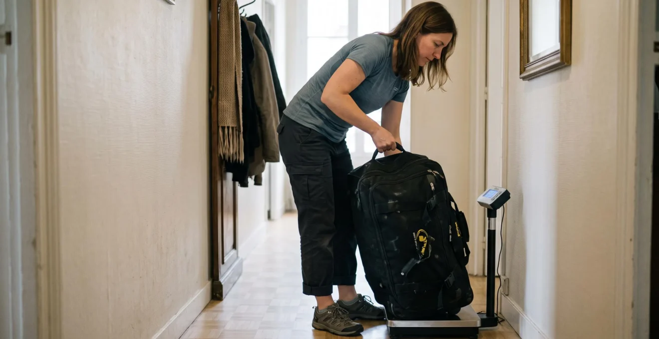 Une femme pèse un sac de plongée contenant son matériel sur un pèse-bagage dans le couloir de son appartement.