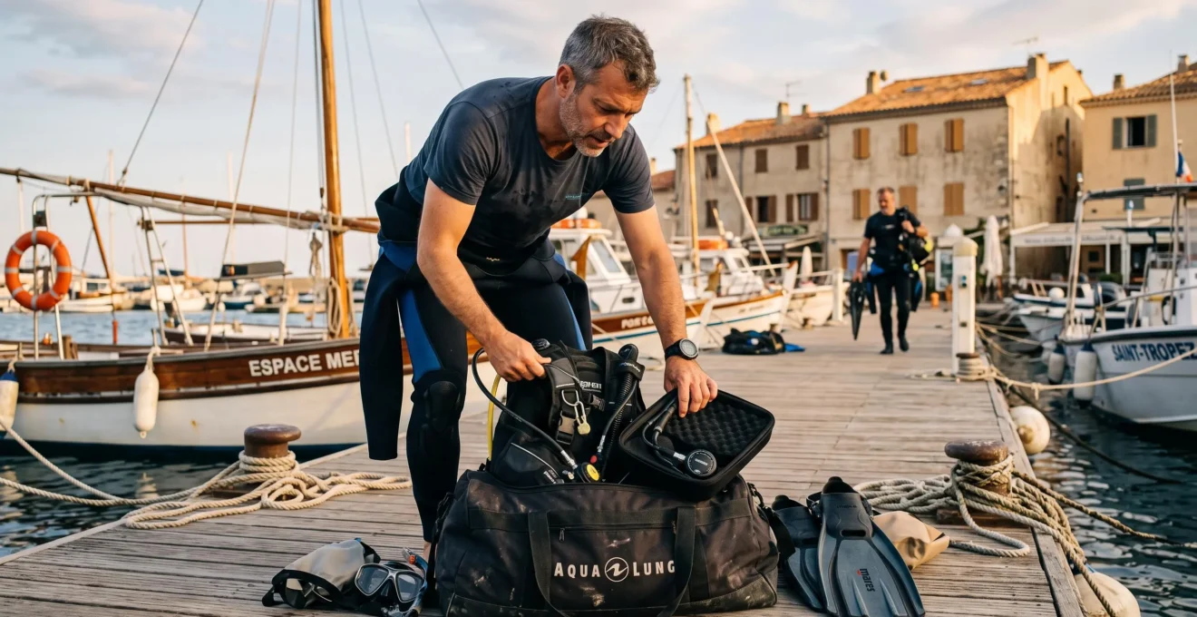 Un plongeur en combinaison baissée range son gilet stabilisateur et son détendeur dans un sac de voyage compact sur un ponton de port méditerranéen.
