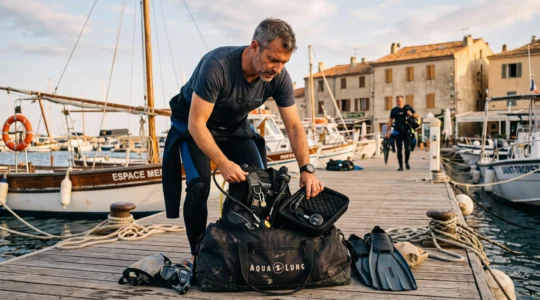 Un plongeur en combinaison baissée range son gilet stabilisateur et son détendeur dans un sac de voyage compact sur un ponton de port méditerranéen.